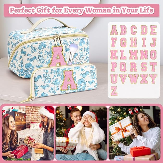 Personalized Travel Makeup Bag Set,Initial Travel Cute Floral Makeup Organizer Bag,Toiletry Skincare Cosmetic Bag,Christmas Gifts for Women/Girls,Open Flat Toiletry Pouch with Brush Pocket-O