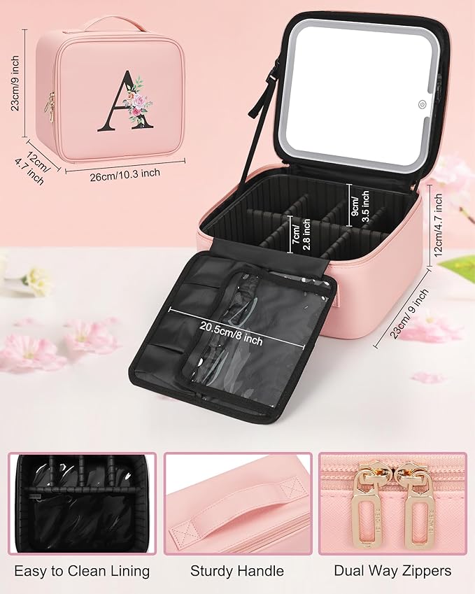 Relavel Initial Makeup Bag with LED Mirror for Women Girls, Personalized Travel Cosmetic Organizer Train Case, Birthday Gifts for Grandkids Bridesmaid Graduation Teacher Friends, Trendy Stuff, Pink F