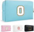 Small Initial Preppy Patch Makeup Bag, Personalized Blue Cute Cosmetic Zipper Pouch Toiletry Bags for Traveling, Waterproof Chenille Letter Make Up Storage Travel Essentials for Women Female(Letter O)