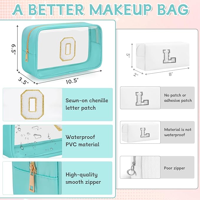 Personalized Initial Clear Makeup Bag, Travel Chenille Patch Cosmetic Bag, Preppy Toiletry Bag Monogram Cosmetic Pouch with Zipper, Ideal Gift for Teen Girls Women (Clear-Green, O)