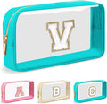 Personalized Initial Letter Clear Makeup Bag,Preppy Small Nylon&PVC Cosmetic Zipper Bag with Chenille Letter,Portable Beach Travel Skincare Toiletry Bag,Trendy Monogram Gift for Teen Girls Women,V