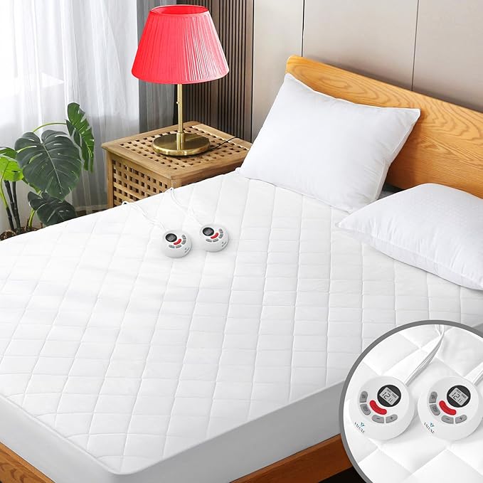 Heated Mattress Pad King Size Quilted Zone Heating Electric Bed Warmer Luxury Comfort Heat Mattress Pad Cover Dual Controller（10 Heat Setting | 1-12 Hours Auto Shut Off | with 8-21 Inch Deep Pocket）
