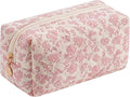 Cute Square Floral Cotton Makeup Cosmetic Bag for Women Girls, Travel Quilted Zipper Make Up Bag, Square Flowers Organizer Case Kawaii Makeup Cosmetic Travel Cloth Pouch (Pink Floral)