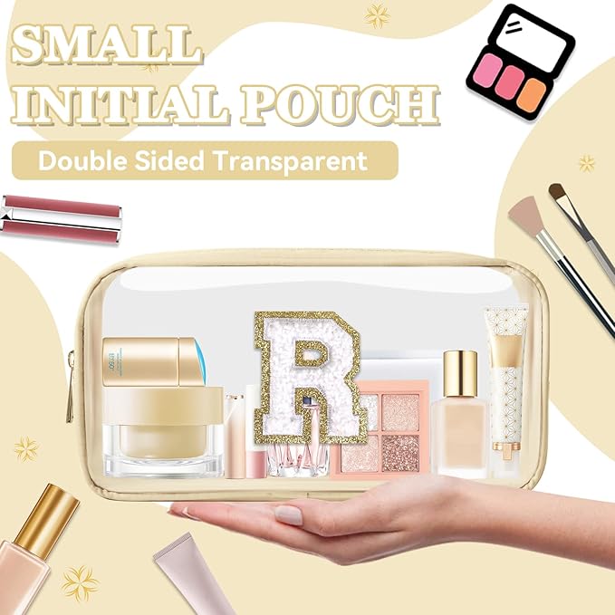 Small Clear Personalized Initial Makeup Bag,Nylon Preppy A-Z Chenille Letter Patch Cosmetic Pouch Beach Toiletry Bag,Waterproof Zipper Travel Purse Storage Bag Organizer for Women Girls(Beige-White R)