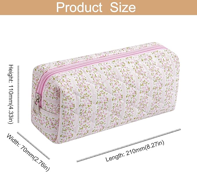 Cute Floral Cotton Makeup Brush Cosmetic Bag for Women, Travel Quilted Zipper Make Up Bag, Flowers Toiletry Organizer Case Kawaii Makeup Cosmetic Travel Cloth Pouch (Pink+Black)