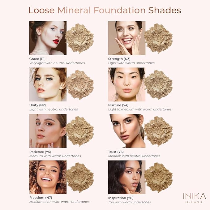INIKA Organic Mineral Powder Foundation SPF 25 - Vegan Makeup, Natural Looking, Buildable Coverage, Flawless Radiance & Glow, Blemish Coverage, Cruelty Free, Sustainable Packaging, Inspiration, 8g
