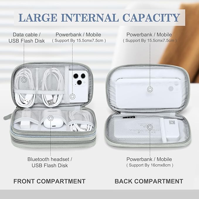 FYY Electronic Organizer, Travel Cable Organizer Bag Pouch Electronic Accessories Carry Case Portable Waterproof Double Layers All-in-One Storage Bag for Cable, Charger, Phone, Earphone Light Grey