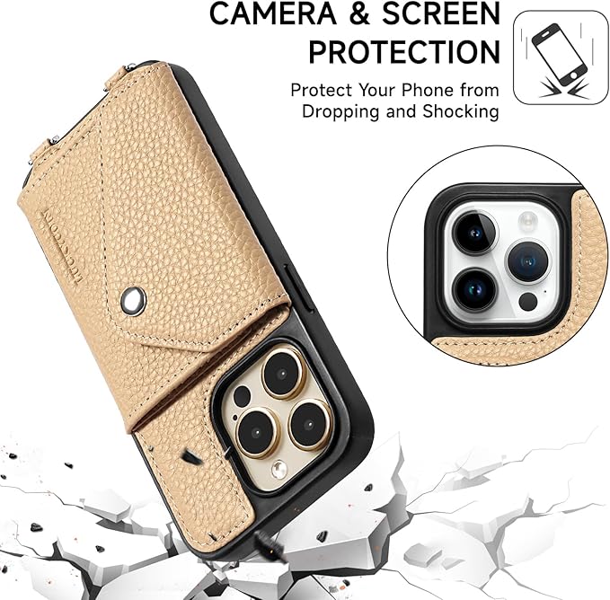 LUCKYCOIN Crossbody Wallet Phone Case for iPhone 15 Pro,100% Genuine Leather Wallet Phone Case with Expandable Flip Card Holder,Phone Purse for Women with Adjustable Removable Strap - Pebble Beige