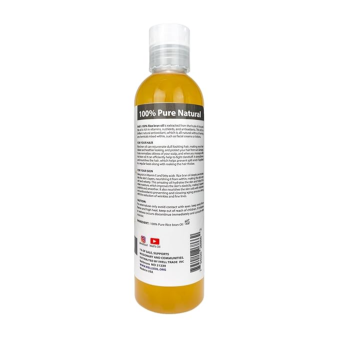 Well's Oil Rice Bran Oil | 100% Pure Natural Carrier Oil | Refined, Cold Pressed | For Body, Skin & Hair (8 fl oz / 237 ml)