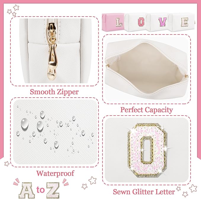 Personalized Initial Letter Makeup Bag, Small Glitter Letter Patch Cosmetic Pouch Zipper, Preppy Makeup Organizer PU Waterproof Travel Toiletry Bag, Monogrammed Birthday Gift for Women Girls