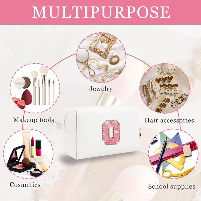 Personalized Initial Letter Makeup Bag, Small Glitter Letter Patch Cosmetic Pouch Zipper, Preppy Makeup Organizer PU Waterproof Travel Toiletry Bag, Monogrammed Birthday Gift for Women Girls
