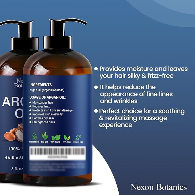 Argan Oil for Hair Growth 8 fl oz - 100% Natural Moroccan Argan oil for Face, Body, Skin and Nails - Aceite de Argan