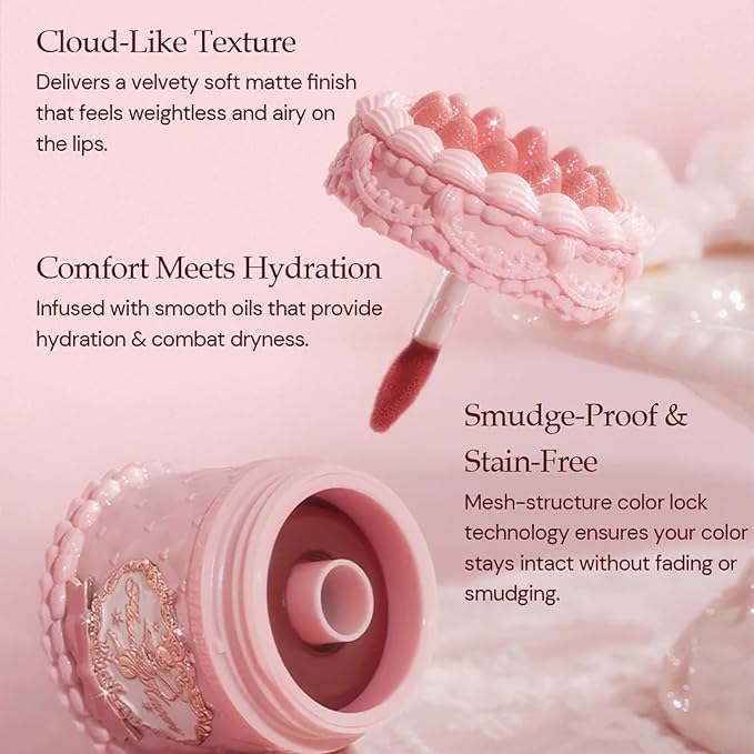 Flower Knows Enchanted Lip Kit,Strawberry Cupid Cake Lip Cream V03+V04 Set with Lip Brush & Leather Bag,4-Piece Makeup Gift Set