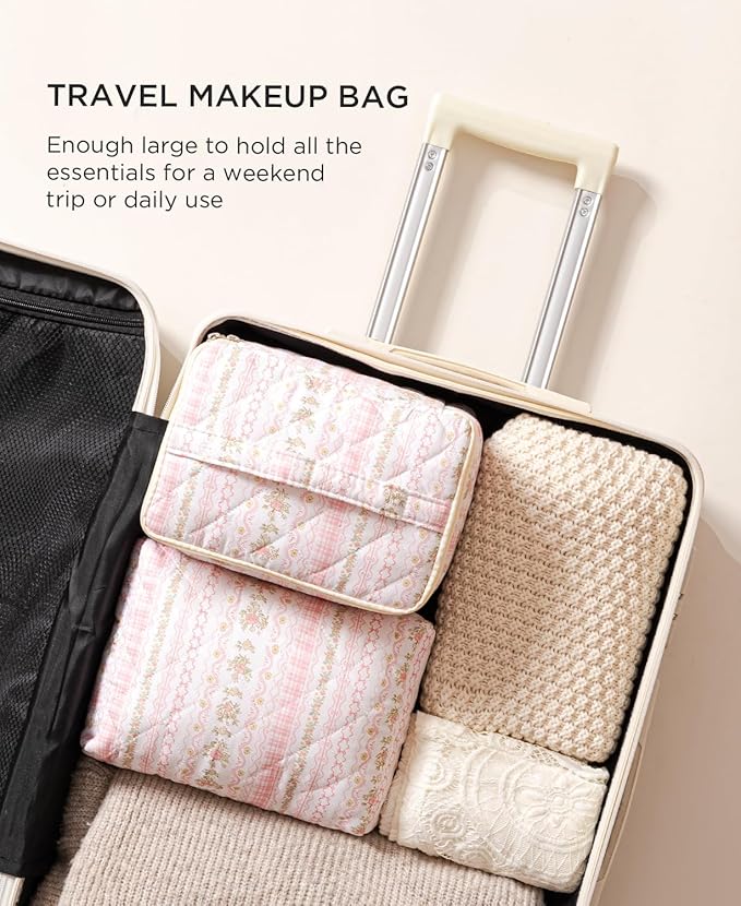 HBselect 2Pcs Travel Makeup Bag, Large Cotton Quilted Makeup Bag Cosmetic Bag Cute Make up Bag Toiletry Bags for Women Girls