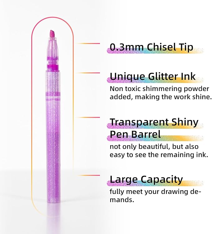 Glitter Highlighters Assorted Colors, 10-Count Chisel Tip Sparkle Highlighters, No Bleed Pastel Highlighter Markers for Kids Adult Coloring Book Bible Journaling