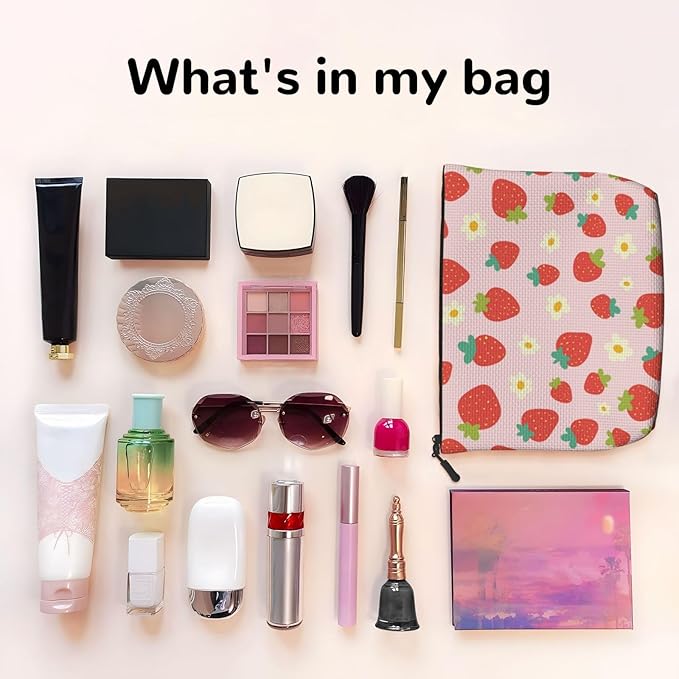 MOLAIGIN Strawberry Red Fruit Cosmetic Bag For Women, Travel Makeup Bag, Toiletry Zipper Bag, Large Capacity Aesthetic Cases