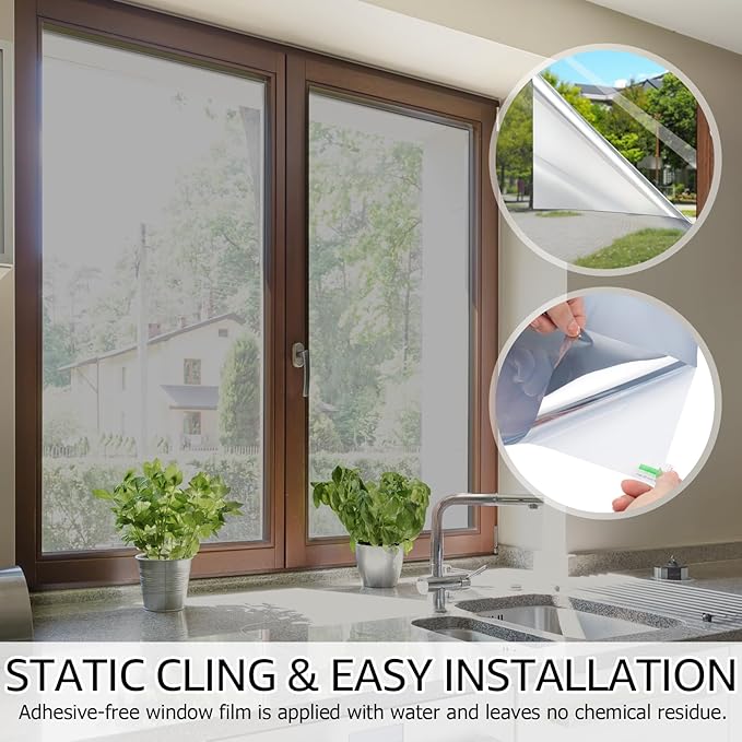 HIDBEA One Way Privacy Window Film, Daytime Privacy Sun Blocking Anti UV Reflective Window film Heat Control Static Cling Window Tint film for Home and Office, Silver, 35.4 x 98.4 Inch