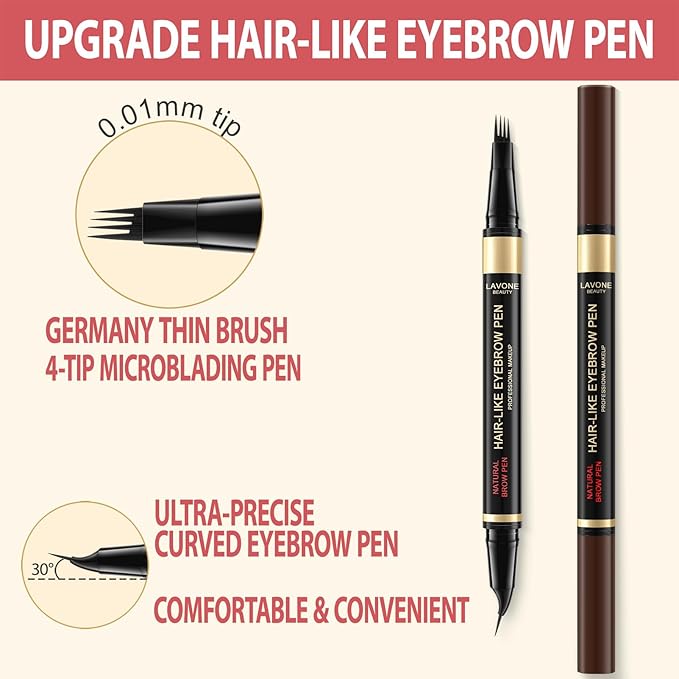 LAVONE Eyebrow Pen, 2-in-1 Eyebrow Pencils for Women with 4 Tip Microblading Eyebrow Pencil and Curved Precise Brow Pencil, Waterproof Eyebrow Pencil Create Full, Natural Hair-Like Brows, Dark Coffee
