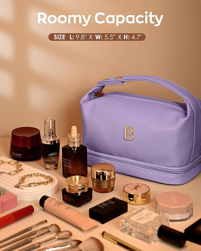 Personalized Makeup Bag, Initial Double Layer Cosmetic Bag with Makeup Brush Organizer, Waterproof, Large Capacity PU Leather Travel Toiletry Bag Retirement Gifts, Daughter Gifts