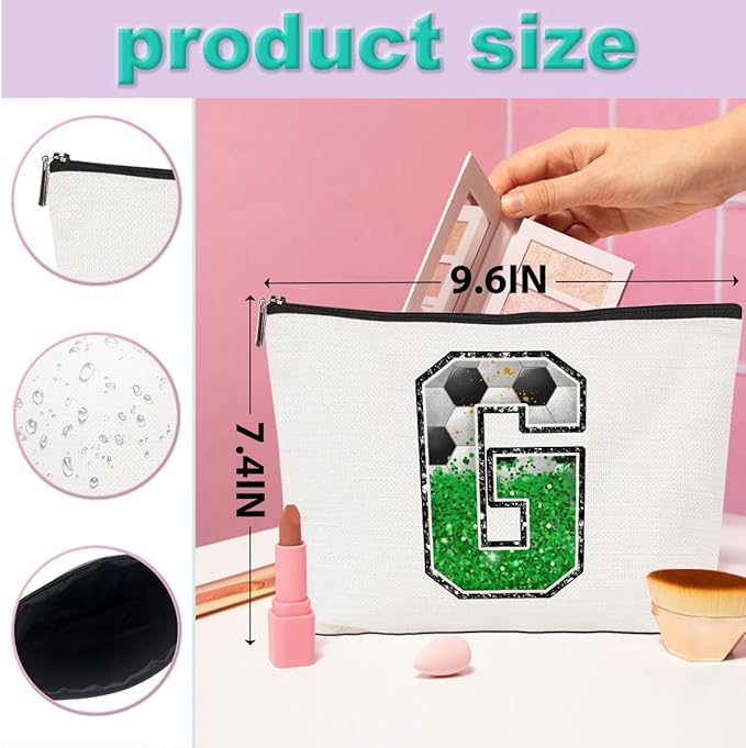 Initial Makeup Bag Monogrammed Cosmetic Bag Letter G Zipper Pouch Soccer Accessories for Girls Women Player Coach Friend Graduation Birthday Gifts