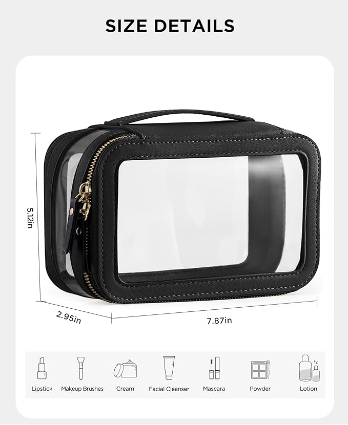 Medium Clear Makeup Bag for Women, Portable Travel Makeup Bag Organizer Waterproof Toiletry Bag Cute Makeup Bags Cosmetic Bag Makeup Pouch, Black