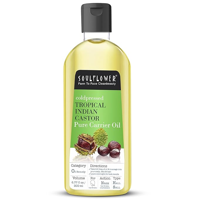 Soulflower Organic Castor Oil, For Thicker & Voluminous Hair, Eyebrows & Eyelashes, 100% Pure, Natural, Cold Pressed, Organic Certified - 6.77 Fl Oz