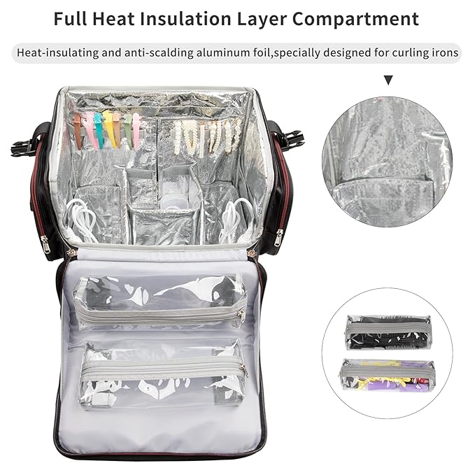 Large Makeup Train Case,Cosmetic Makeup Case for Hairstylist, Hairdresser Bag with Detachable Pouch,Heat Insulation and Anti-scalding Full layer for Hairdressing Tool Organizer Trolley with wheels