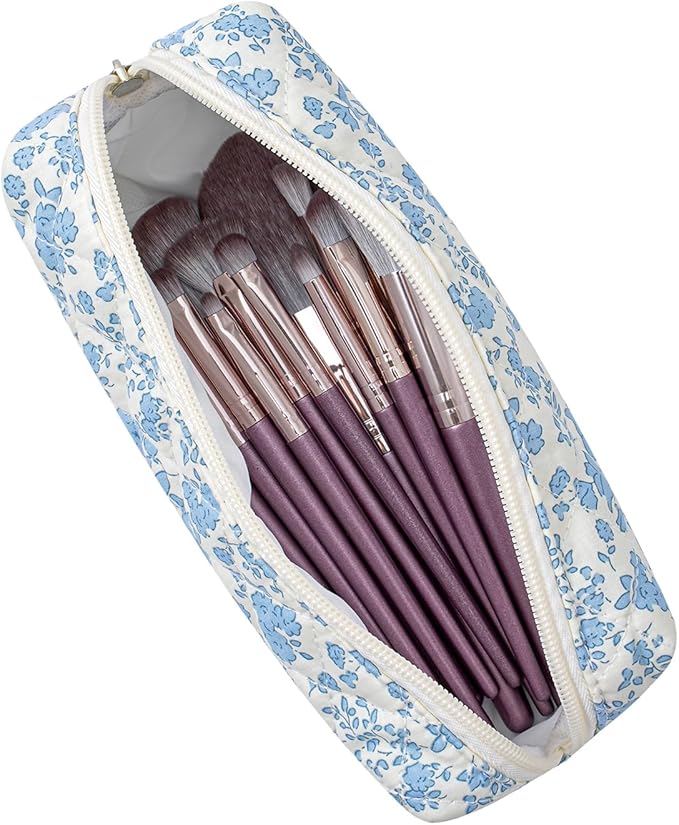 Cute Floral Cotton Makeup Brush Cosmetic Bag for Women, Travel Quilted Zipper Make Up Bag, Flowers Toiletry Organizer Case Kawaii Makeup Cosmetic Travel Cloth Pouch (Blue+Navy Blue)