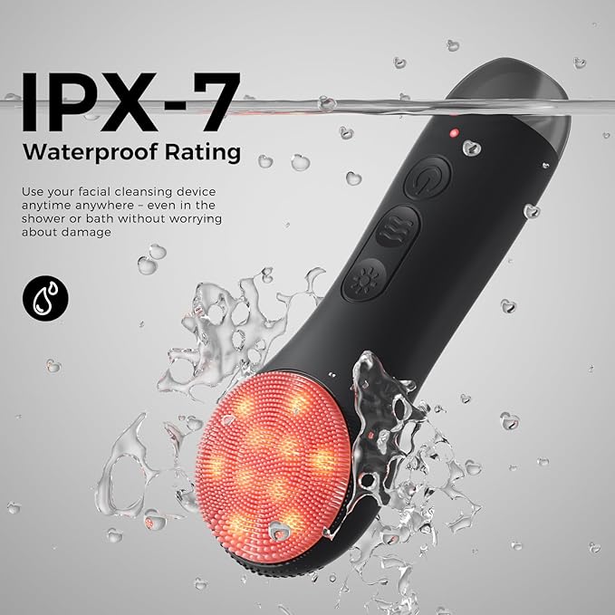 Facial Cleansing Brush Electric Face Scrubber - Rechargeable Face Cleansing Brush with 4 LED Gentle Light Silicone Heat and Vibration Exfoliator Massage Deep Cleansing,IPX7 Waterproof,Ideal Gift﻿