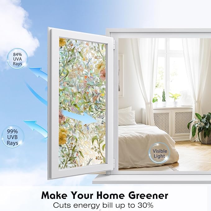 Volcanics Stained Glass Window Film with Installation Tools, Rainbow Window Privacy Film, Decorative Window Clings for Glass Windows, Static Cling Sun Blocking Floral Decals, 17.5 x 78.7 Inch
