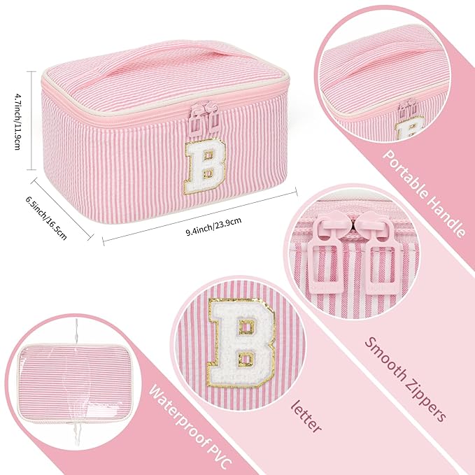 OCHEAL Makeup Bag for Women, Monogram Cosmetic Bag with Brush Holder, Pink Travel Makeup Case Beauty Toiletry Bag Organizer Personalized Gifts for Girls Bridesmaid, Sister, Wife, Friends Initial B