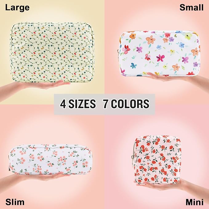 Nylon Small Floral Makeup Bag Slim Pouch, Preppy Cute Makeup Brush Case Bag Flower Cosmetic Zipper Pouch for Purse, Waterproof Travel Toiletry Bag Make Up Organizer for Women Girl(Light Yellow-Flower)