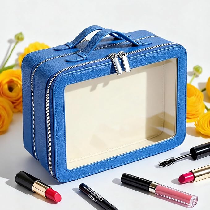 Clear Makeup Bag,Large Toiletry Case for Women,PU Leather Travel Cosmetic Bag,Detachable Makeup Case,Double Compartment Make up Organizer