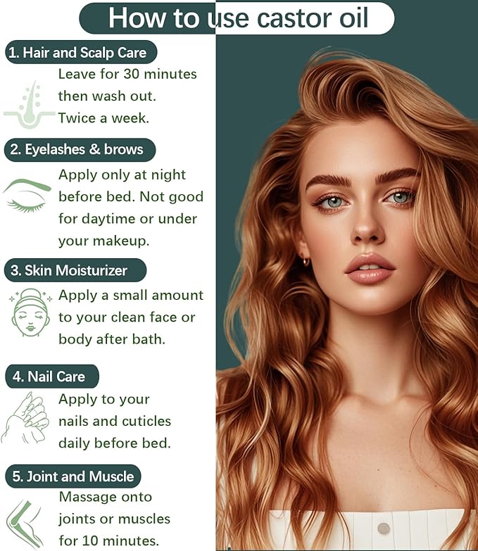 Organic Castor Oil 100% Pure Natural Hair Oil for Hair Growth, Castor oil for Skin Lashes Nails Face Eyelash Eyebrows, Cold Pressed Hexane Free Unrefined USDA Certified 4OZ
