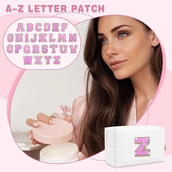 Small Initial Patch Makeup Bag Personalized Gifts Make Up Bag,White Cute PU Leather Glitter Letter Cosmetic Bag with Zipper,Trendy Portable Travel Toiletry Pouch,Preppy Stuff for Teen Girls Women Z