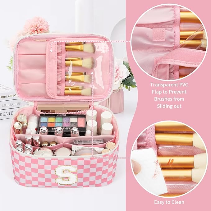 OCHEAL Makeup Bag for Women, Monogram Cosmetic Bag with Brush Holder, Pink Travel Makeup Case Beauty Toiletry Bag Organizer Personalized Gifts for Girls Bridesmaid, Sister, Wife, Friends Initial S