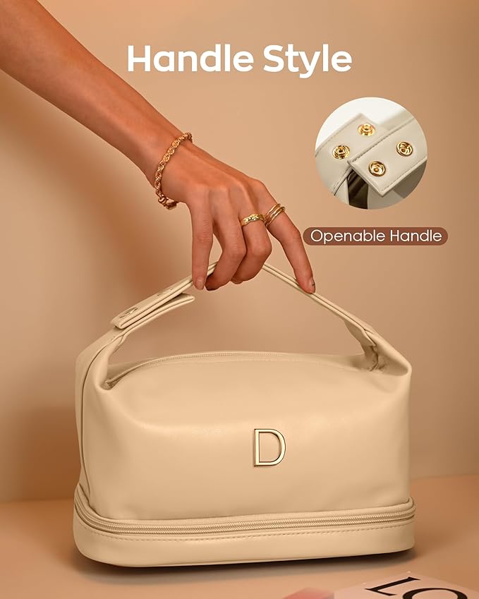 Makeup Bag with Handle, Waterproof Double Layer Cosmetic Bag, Large Capacity PU Leather Makeup Bags Letter Travel Toiletry Bag with Makeup Brush Organizer