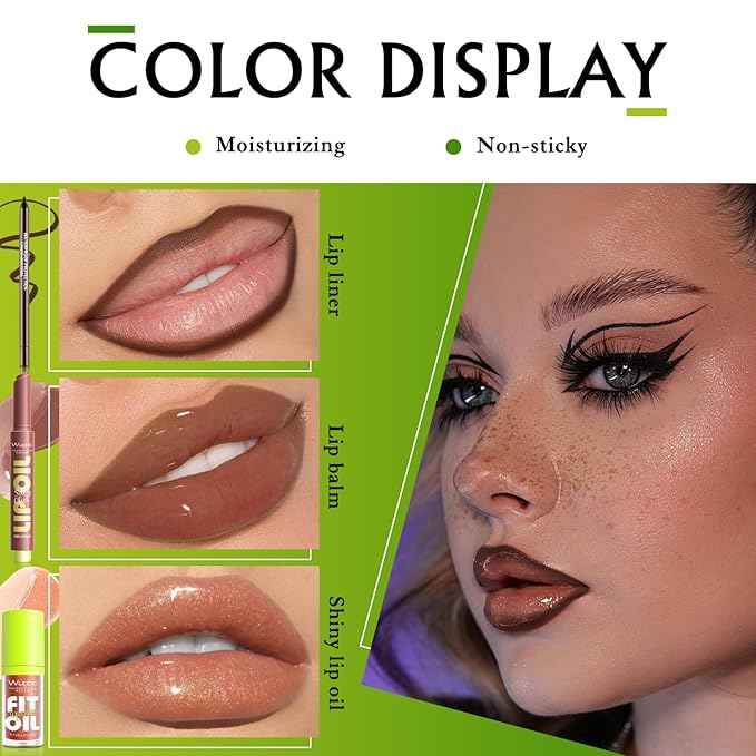 Brown Lip Liner & Lip Gloss Set Moisturizing Lip Kit, Smooth Dark Brown Lip Liner Pencil Hydrating Lip Tint Non Sticky Click Lip Balm Lightweight Long Lasting Daily Lip Care for Women