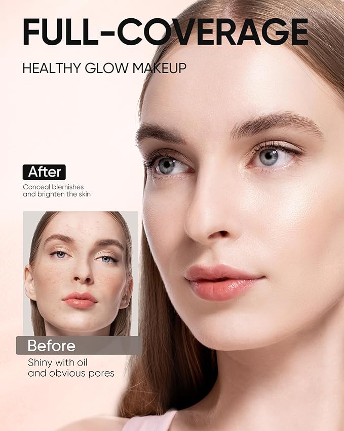 Full Coverage Cushion Foundation, Weightless, Skin Fit, Satin Glow Finish, Oil-Control Waterproof Foundation, Sweatproof Flawless BB Cream CC Korean Makeup,Tattoo Cover Up, Buildable(#22N Shell Beige)