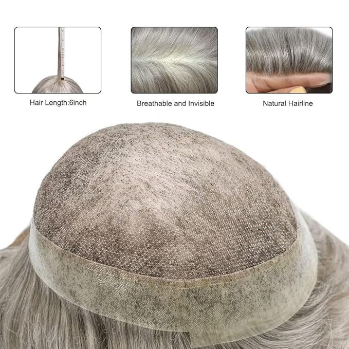 FACE MIRACLE Hair System for Men French Lace Mens Toupee Human Hair Replacement System Lace with PU Toupee for Men Male Hair Piece Wigs 6"X9" #380 Dark Brown with 80% Gray