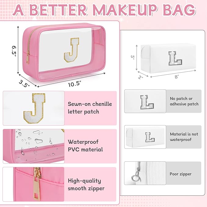 Personalized Initial Clear Makeup Bag, Travel Chenille Patch Cosmetic Bag, Preppy Toiletry Bag Monogram Cosmetic Pouch with Zipper, Ideal Gift for Teen Girls Women (Clear-Pink, J)