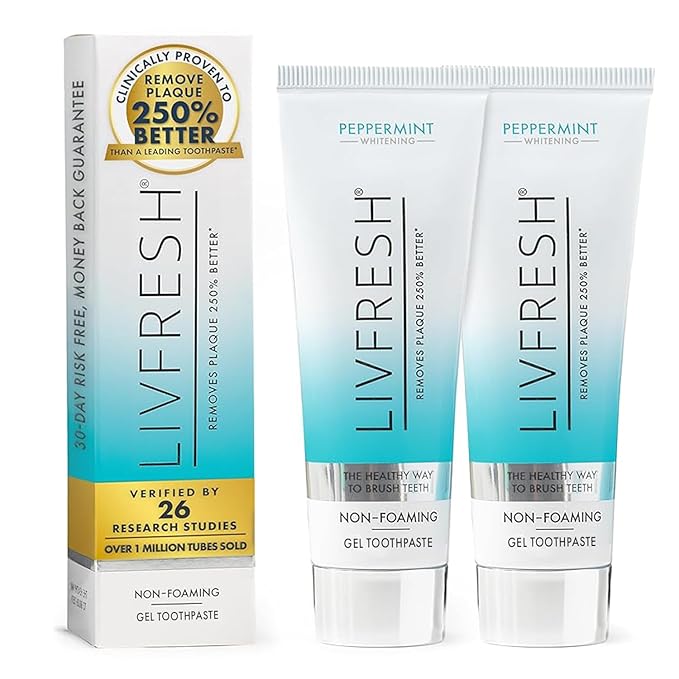 LIVFRESH Toothpaste Gel, Clinically Proven to Remove Plaque 250% Better, Improves Gum Health 190% Better, Prevents & Reduces Tartar, Freshens Breath, SLS Free Dental Gel, Peppermint, 2 Pack