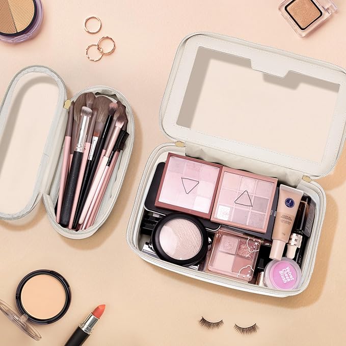 Travel Clear Makeup Bag with Makeup Brush Bag, Leather Make up Case Toiletry Bag, Portable Cosmetic Bag Case, Transparent Waterproof Cosmetic Organizer Storage Bag for Women, Off-White