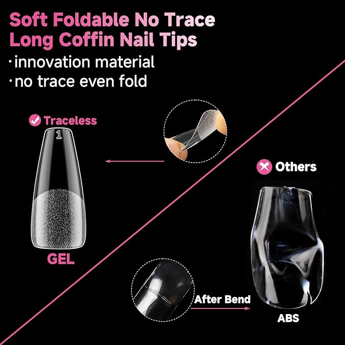 UNA GELLA Long Coffin Nail Tips, 312Pcs Gel Nails Tips Coffin Pre-Shape, Half Matte Full Cover Clear False Fake Nails for Nail Extension DIY Art Salon 12 Sizes