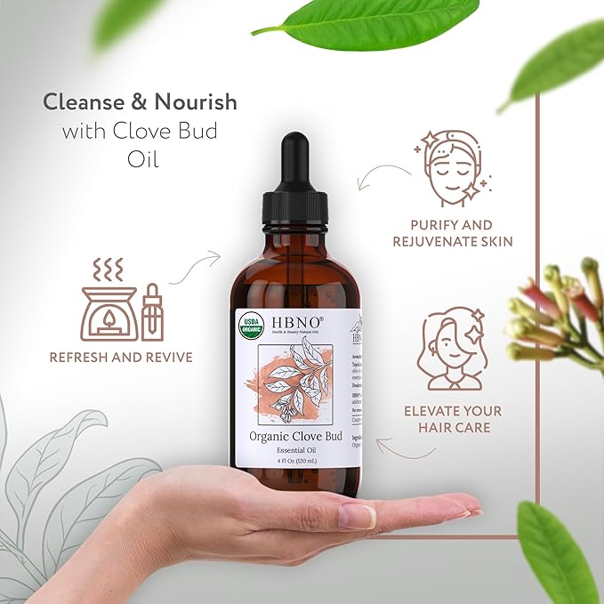 HBNO Organic Clove Bud Essential Oil - 4 oz (120ml) - USDA Certified Organic Clove Bud Essential Oil, Soap Making, DIY, Fragrances, Diffuser