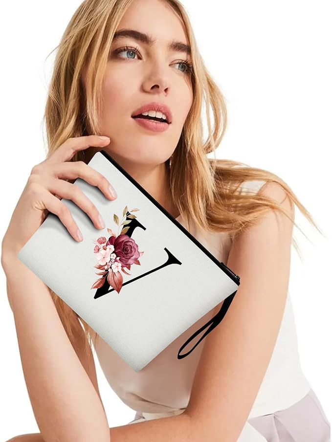 Vavabox A-Z Personalized Makeup Bag, Birthday Gifts for Women Mom, Gifts for Best Friend, Bride Bridesmaid Cosmetic bag (V, White)