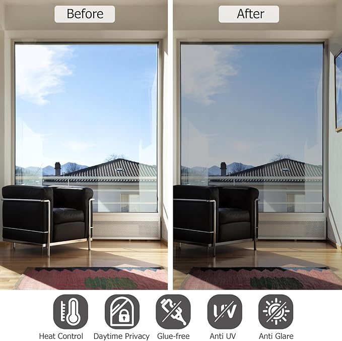 HIDBEA One Way Privacy Window Film, Daytime Privacy Sun Blocking Anti UV Reflective Window film Heat Control Static Cling Window Tint film for Home and Office, Silver, 35.4 x 393.7 Inch