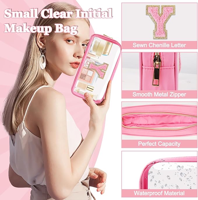 Small Clear Personalized Initial Makeup Bag, Preppy A-Z Chenille Letter Patch Cosmetic Bag, Cute Transparent Nylon Waterproof Zipper Beach Varsity Letter Pouch, Gift for Women Girls(Pink-Pink Y)