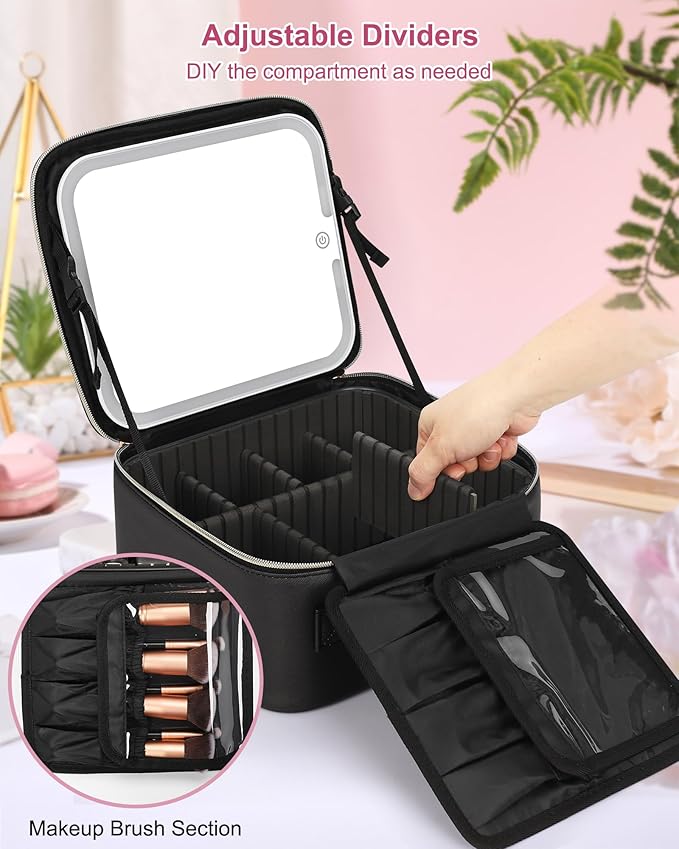 Relavel Initial Makeup Bag with LED Mirror for Women Girls, Personalized Travel Cosmetic Organizer Train Case, Birthday Gifts for Grandkids Bridesmaid Graduation Teacher Friends, Trendy Stuff, Black A