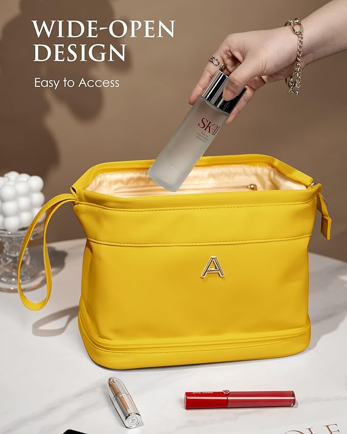 Gift Ideas for Mom, Initial Makeup Bag, Travel Gifts, Personalized Bags, Waterproof Double Layer Cosmetic Bag, Large Capacity PU Leather Makeup Bags Letter Travel Toiletry Bag, Friend Gifts